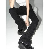 Threebooy Black Ruched Flare Jeans Women Solid Stretch Bootcut Stacked Pants High Rise Trousers Harajuku Goth Grunge Y2k Clothes